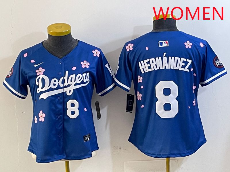 Women Los Angeles Dodgers 8 Hernandez Blue Sakura Edition 2025 Nike MLB Jersey style 2